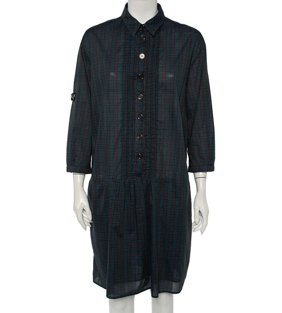 Burberry Green Checkered Cotton Pintuck Detail Shift Dress L