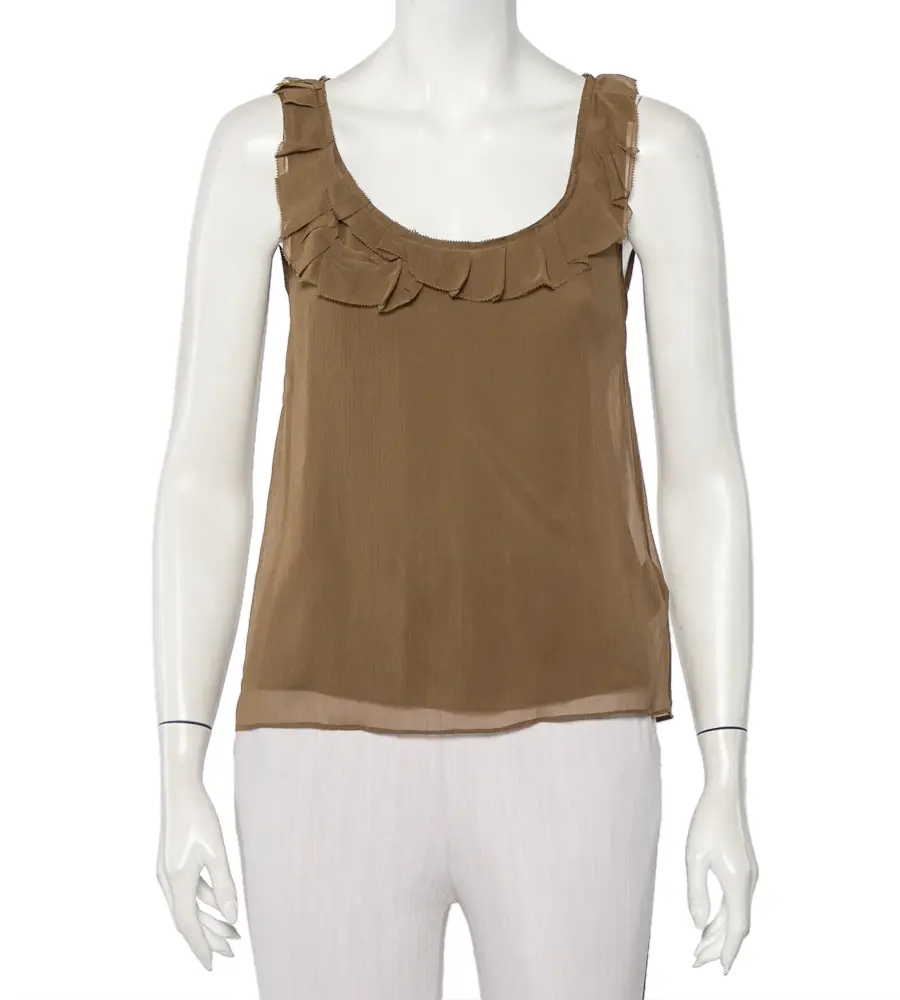 Burberry Brit Khaki Silk Ruffle Neck Detail Sleeveless Top XXS