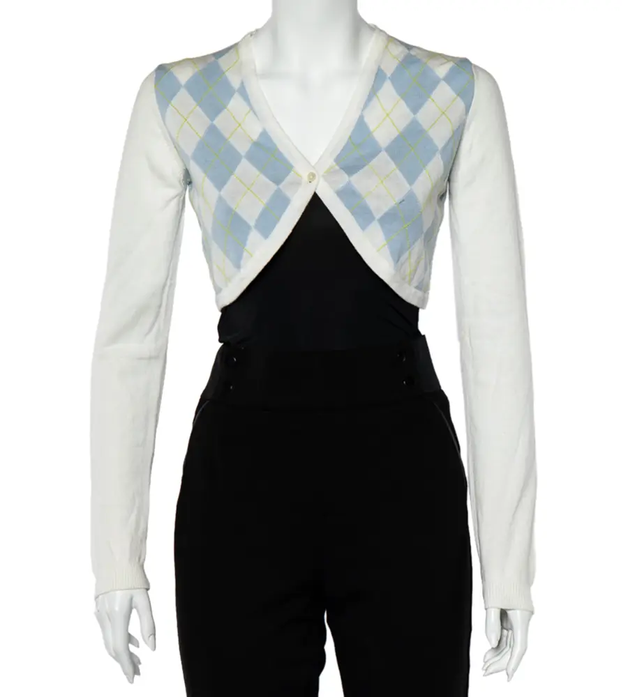Burberry White Argyle Cotton Knit Cropped Cardigan S