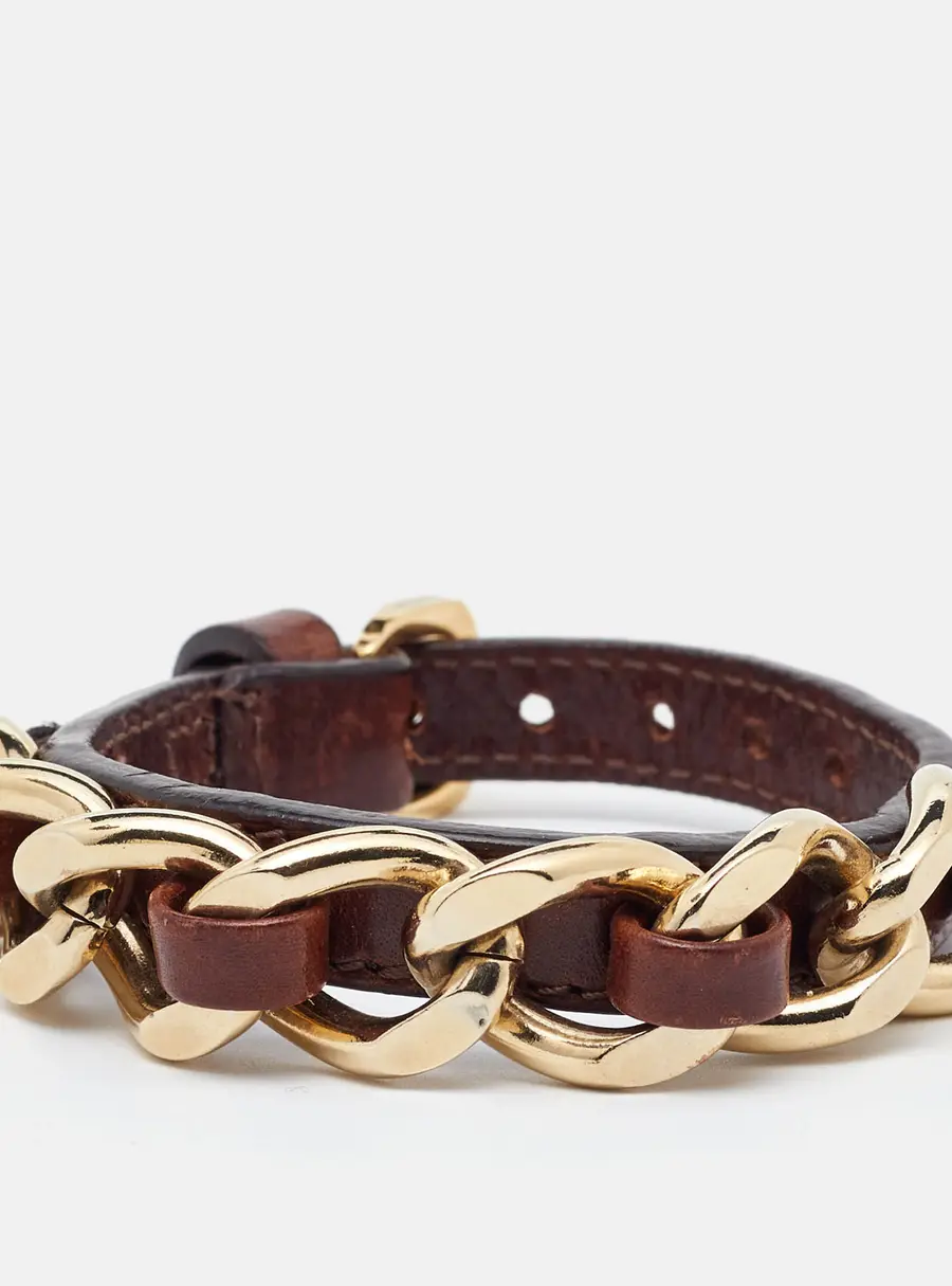 Burberry Brown Leather Chain Detail Wrap Bracelet
