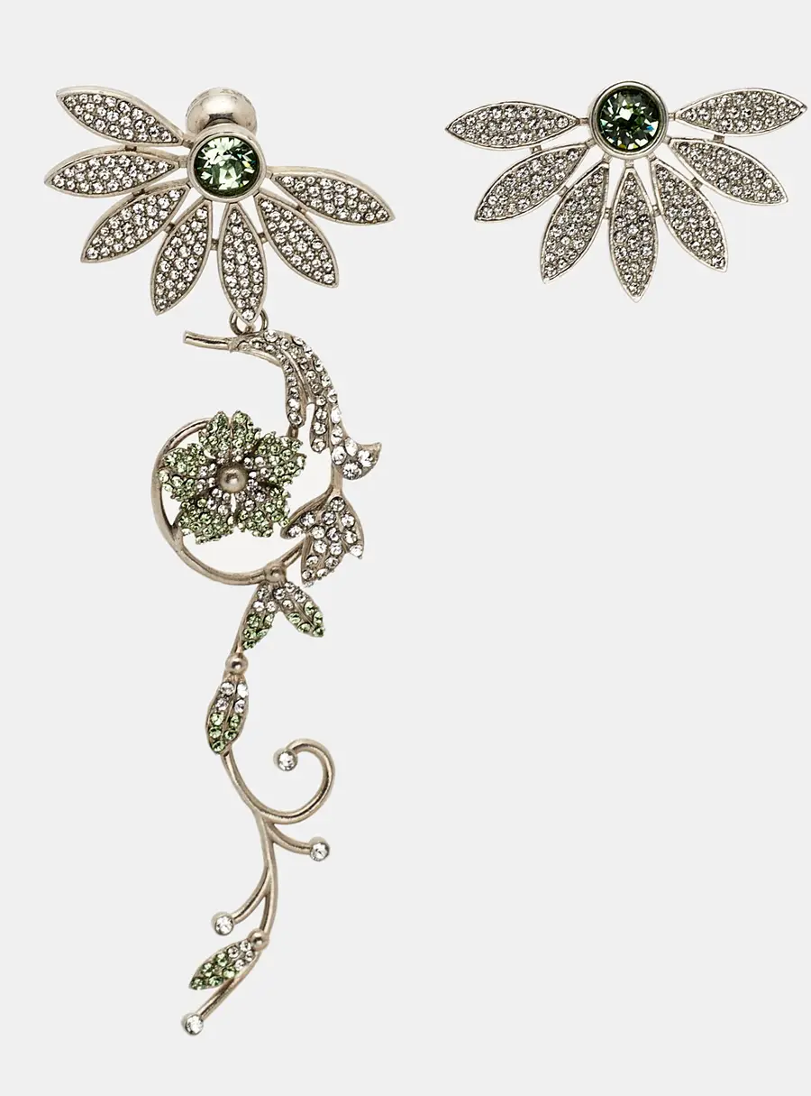 Burberry Half Daisy Crystal Silver Tone Clip-on Asymmetric Stud Drop Earrings
