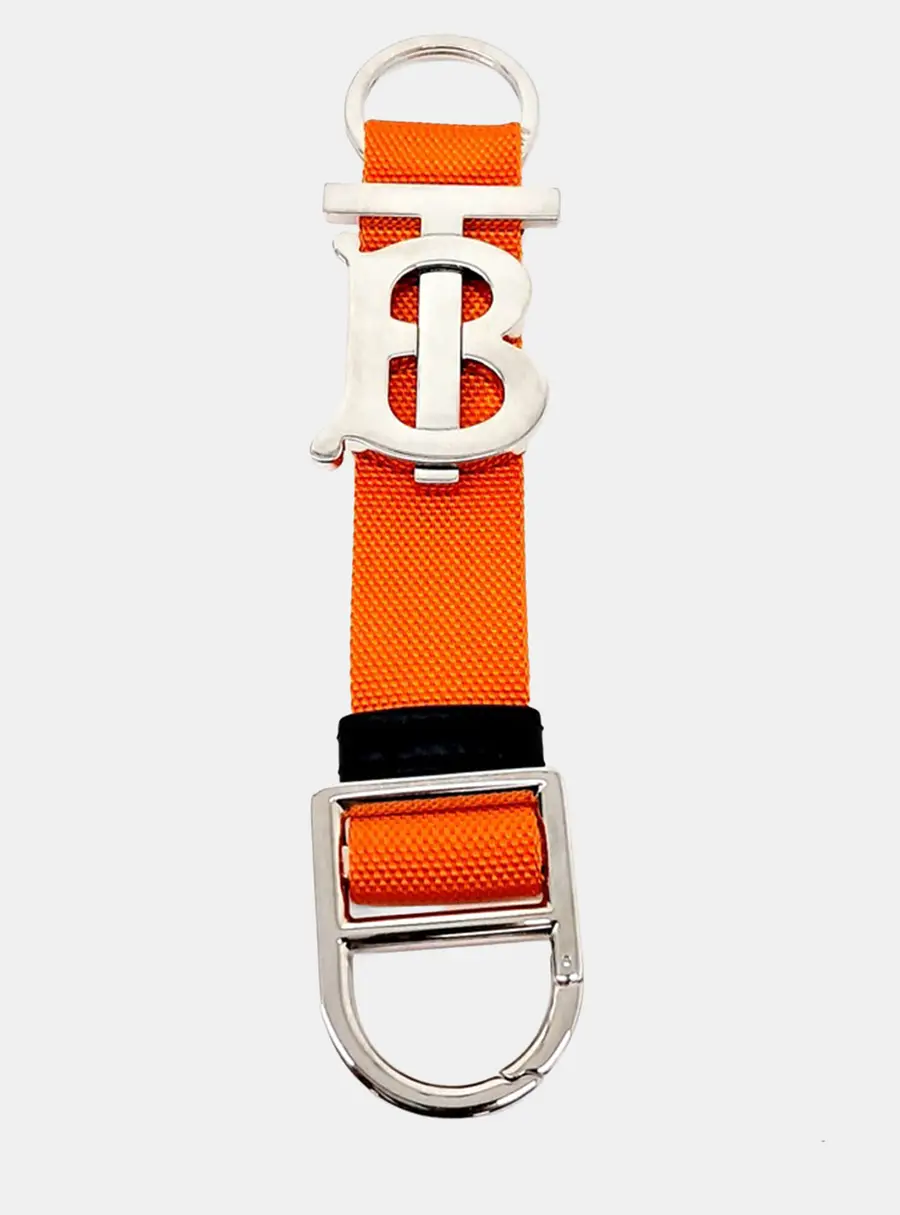 Burberry Monogram Motif Orange Webbing Silver Tone Women's Keyring