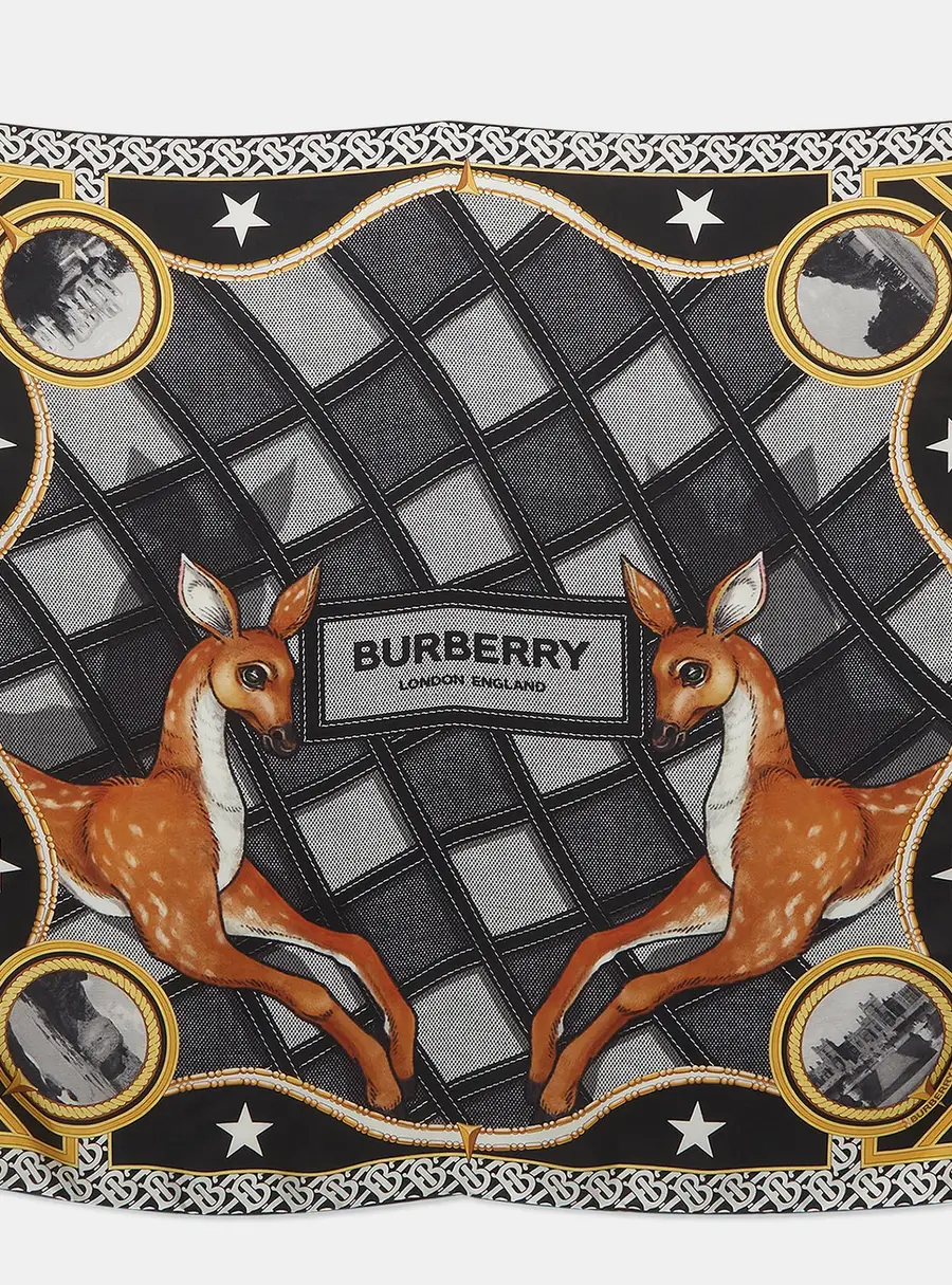 Burberry Black/Yellow Monogram and Deer Print Silk Square Scarf
