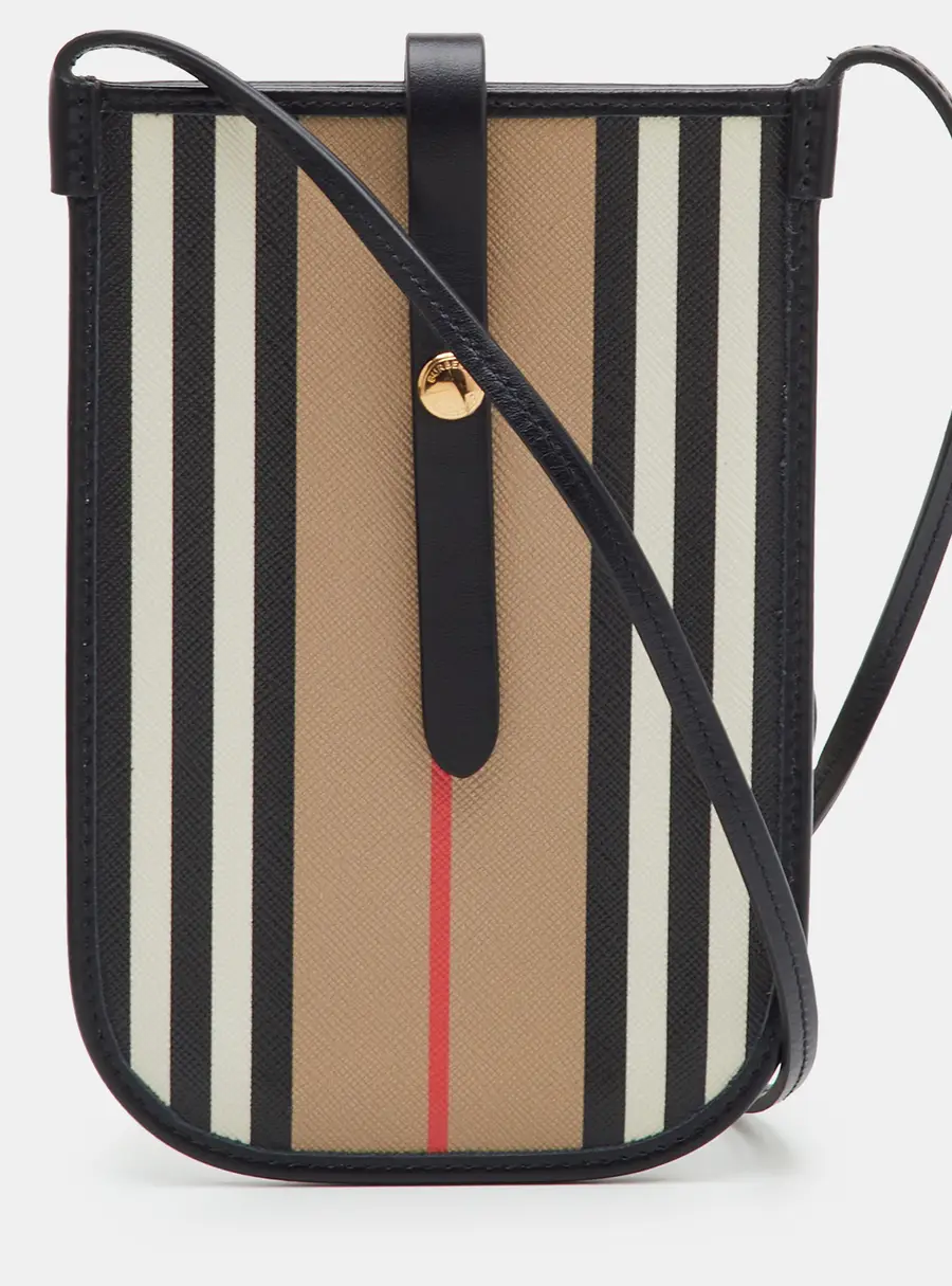 Burberry Beige/Black Icon Stripe Coated Canvas and Leather Anne Phone Pouch with Strap