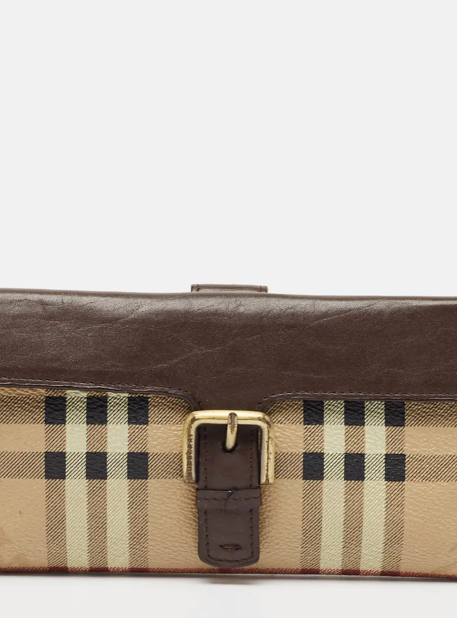 Burberry Brown/Beige Haymarket PVC and Leather Buckle Flap Continental Wallet