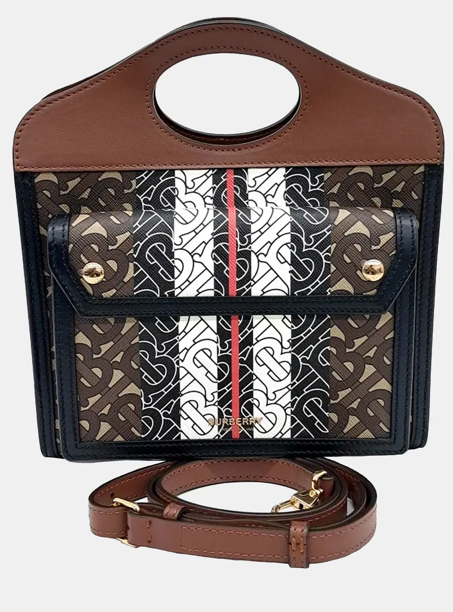 Burberry Monogram Stripe Mini Bridle Brown E -Canvas Top Handle Bag
