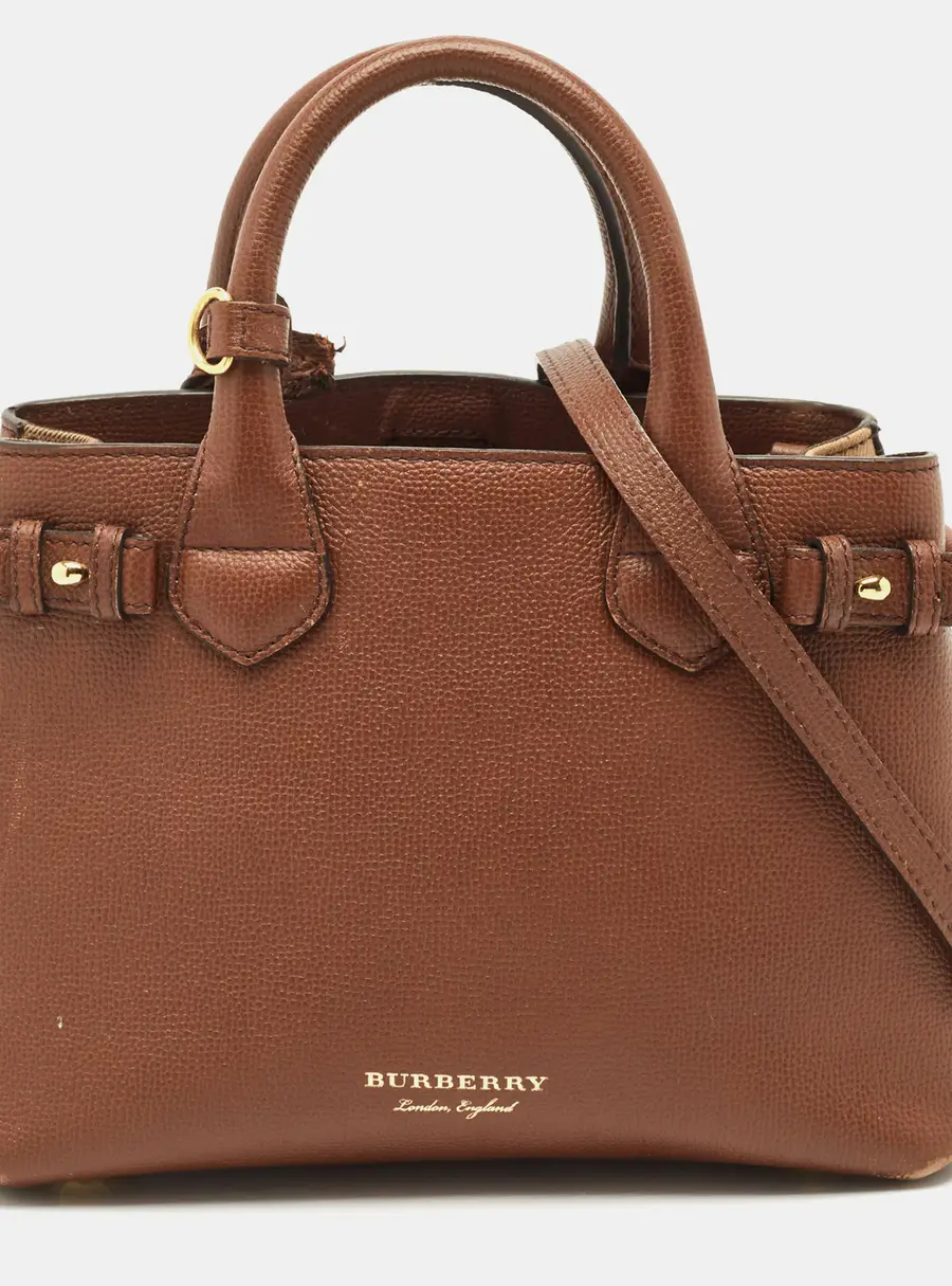 Burberry Brown/Beige House Check Fabric and Leather Small Banner Tote