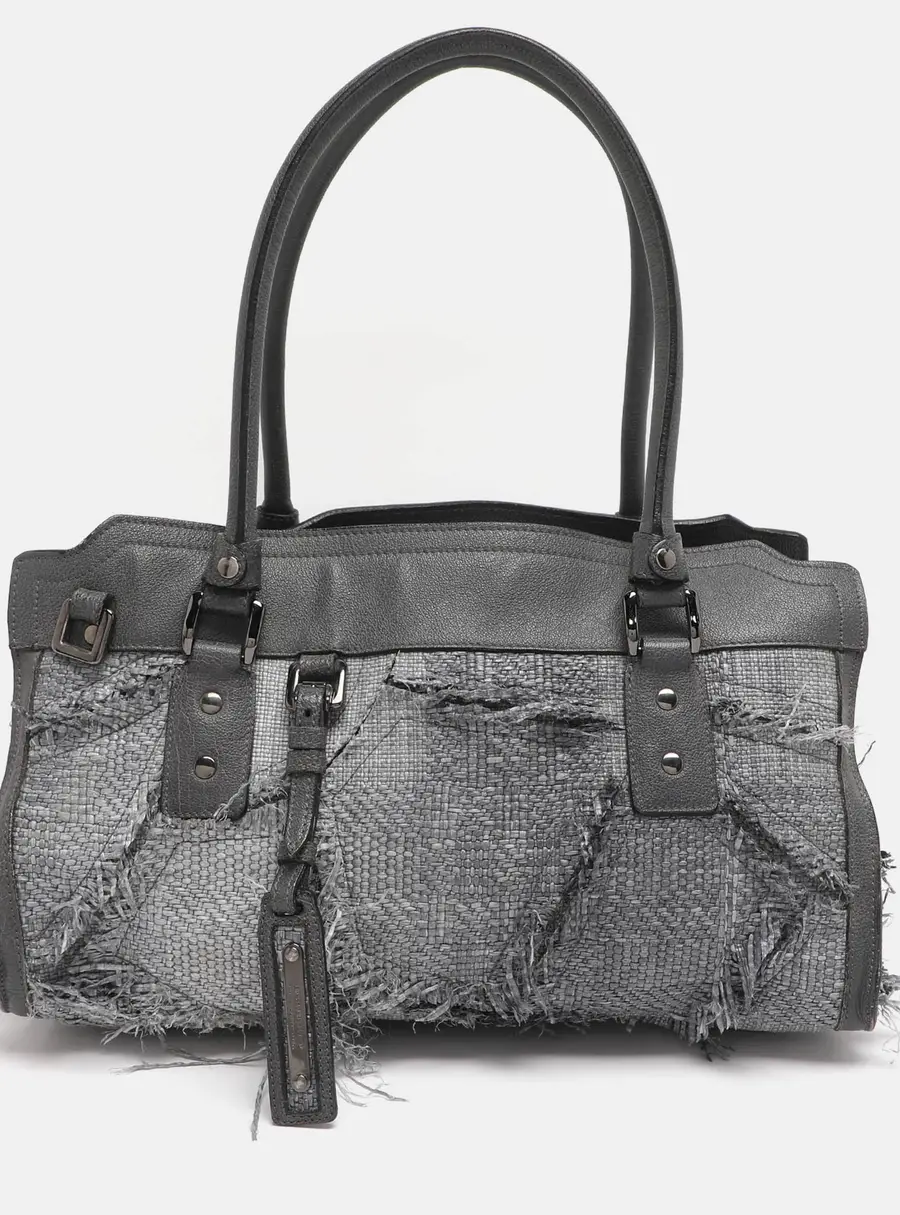 Burberry Grey Leather and Woven Patchwork Straw Satchel