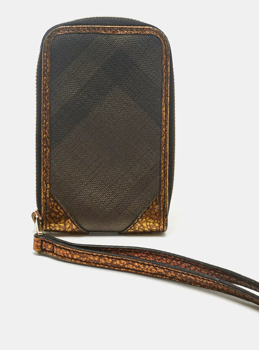 Burberry Gold/Brown Smoke Check Coated Canvas Zip Wristlet Pouch