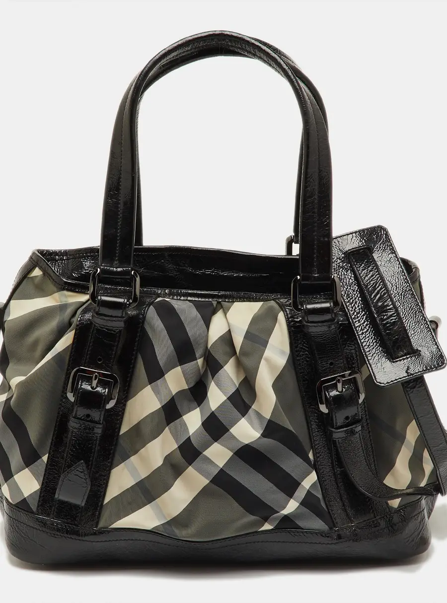 Burberry Black/Grey Beat Check Nylon and Patent Leather Medium Lowry Tote