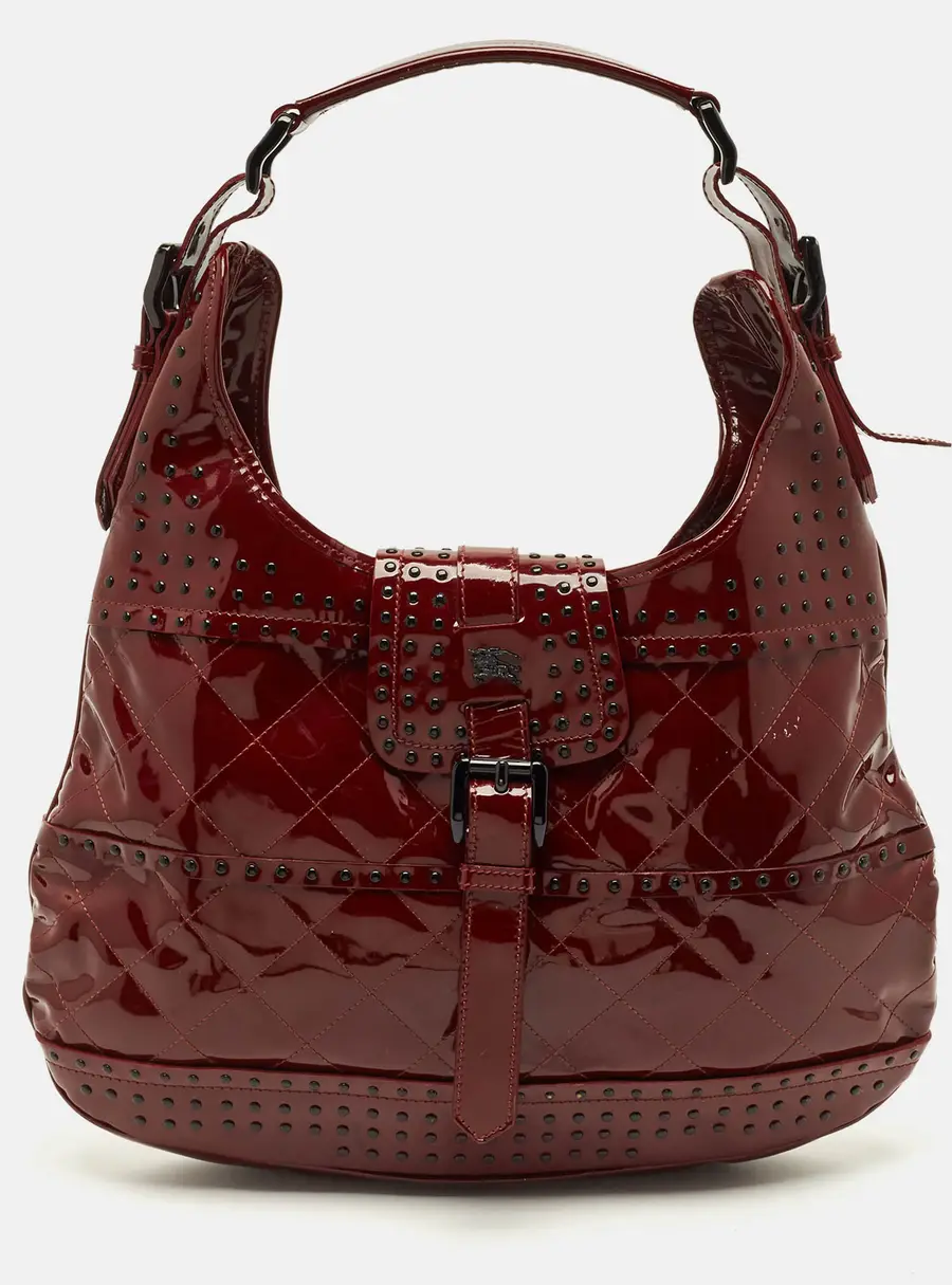 Burberry Brooke Red Quilted Studded Patent Leather Hobo