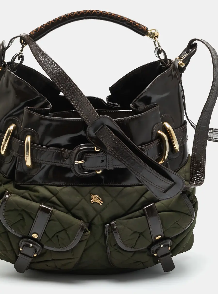 Burberry Bromley Brown/Khaki Quilted Nylon and Patent Leather Hobo