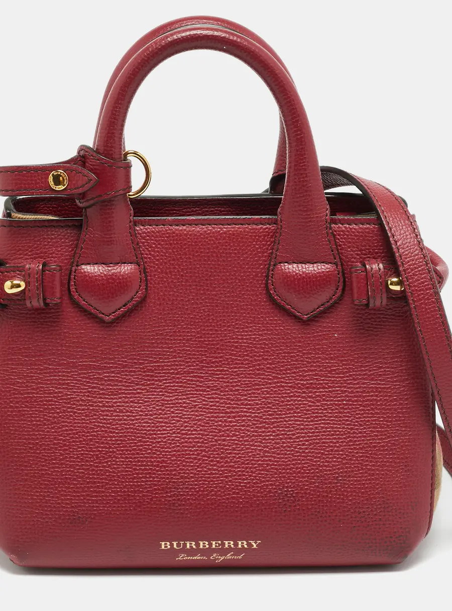 Burberry Banner Mini Red/Beige Leather and House Check Fabric Tote