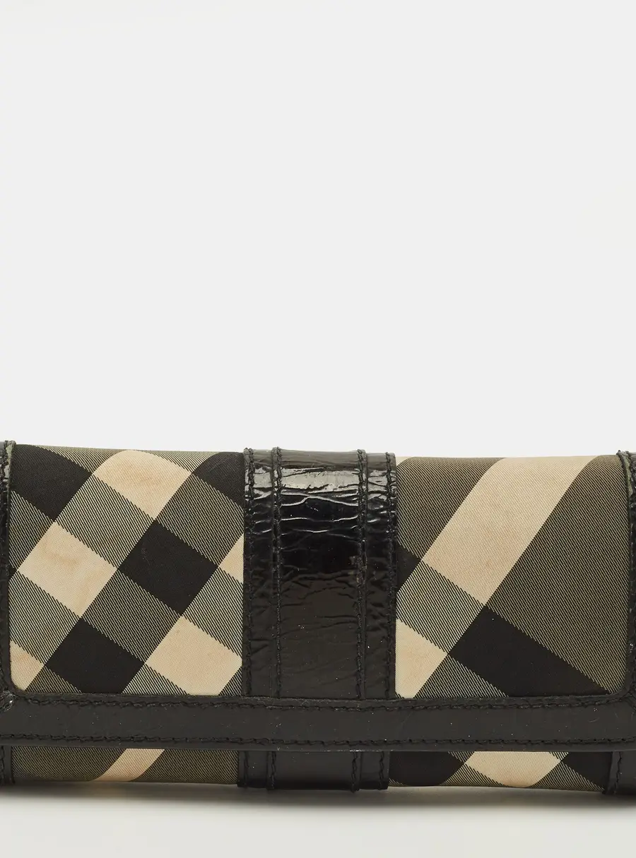Burberry Black Smoke Check Nylon and Patent Leather Flap Continental Wallet