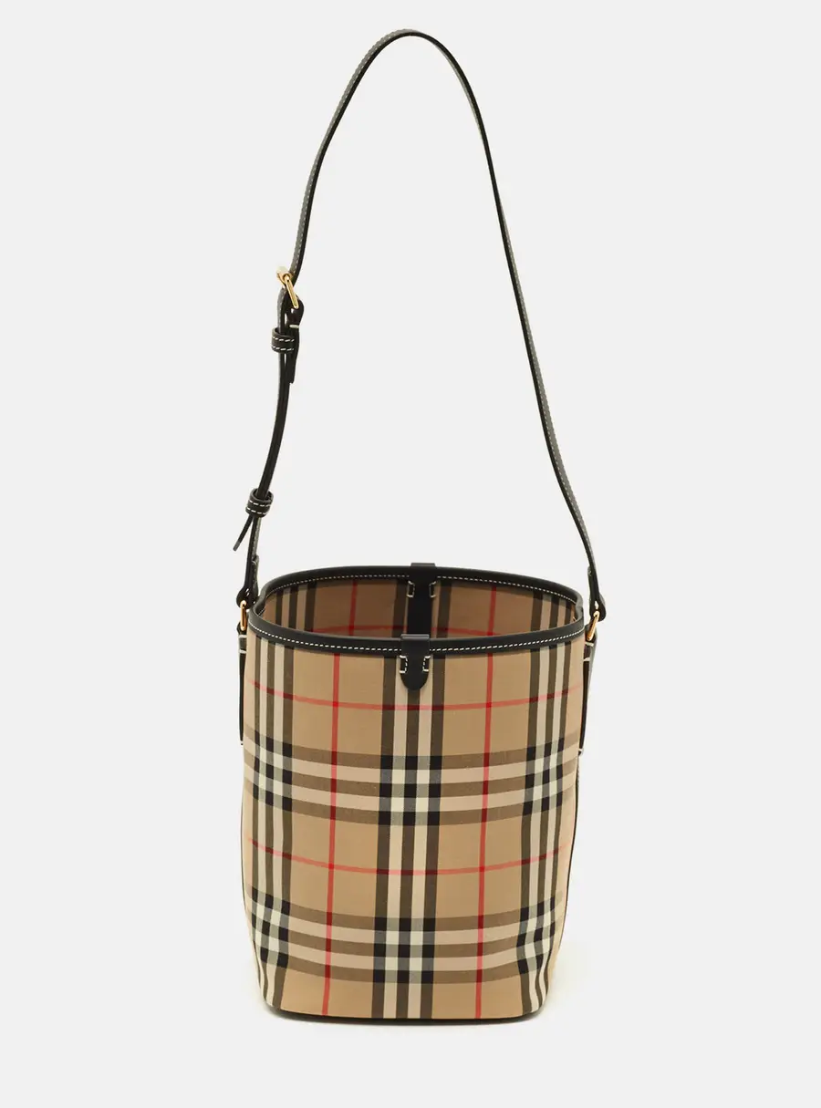 Burberry Ashby Archive Beige Check Fabric and Leather Bucket Bag