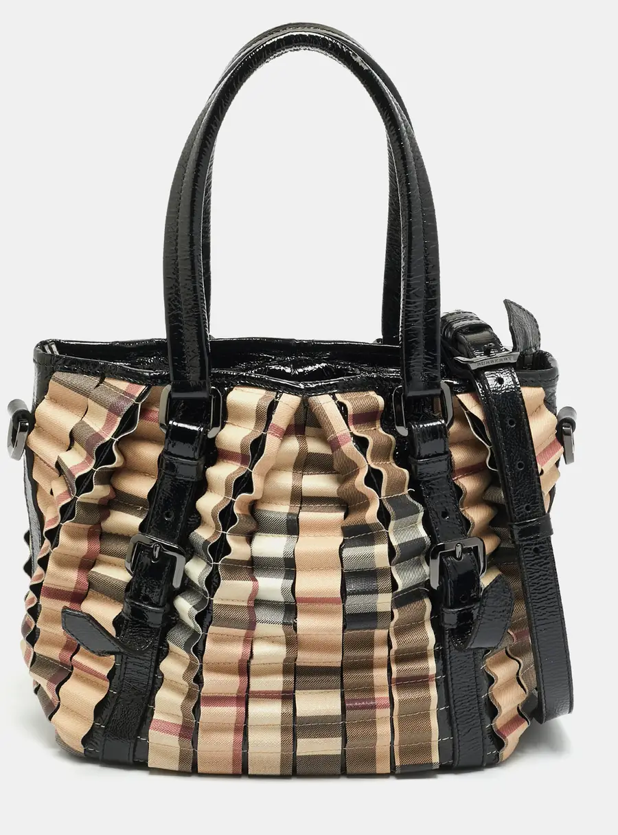 Burberry Cartridge Pleat Black/Beige Nova Check PVC and Patent Leather Tote