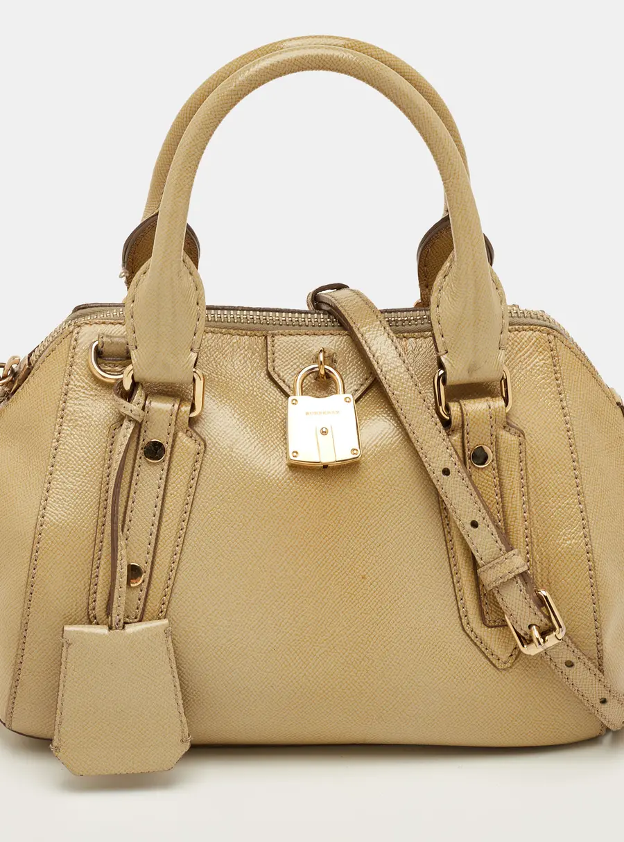Burberry Beige Patent Leather Lock Top Zip Satchel