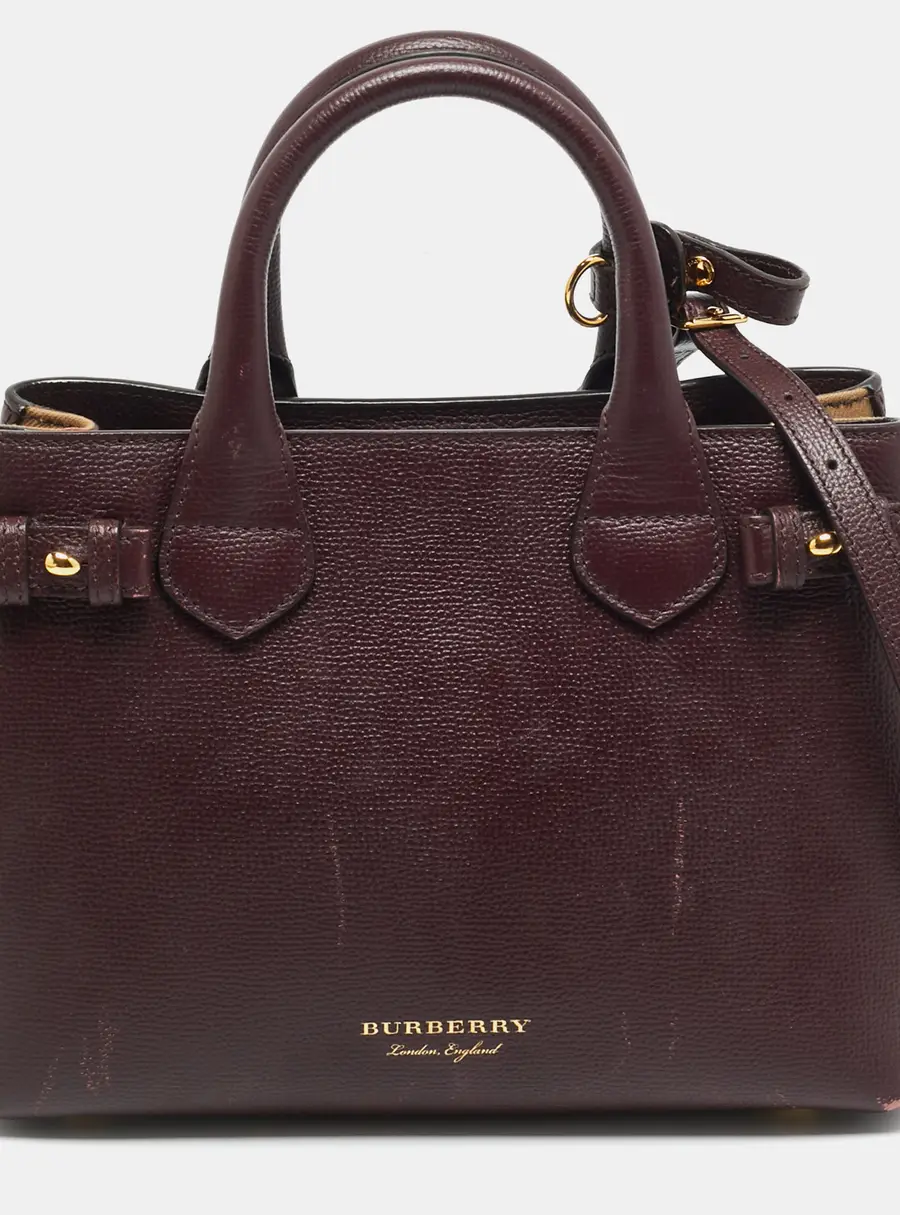 Burberry Banner Small Burgundy/Beige House Check Fabric and Leather Tote