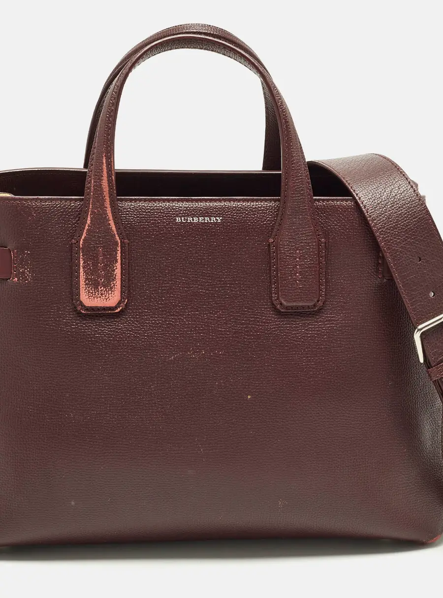 Burberry Banner Medium Burgundy/Beige Leather and House Check Fabric Tote