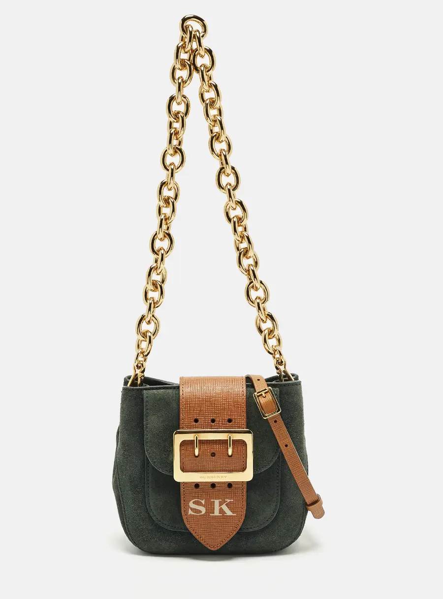 Burberry Buckle Green/Brown Leather and Suede Crossbody Bag