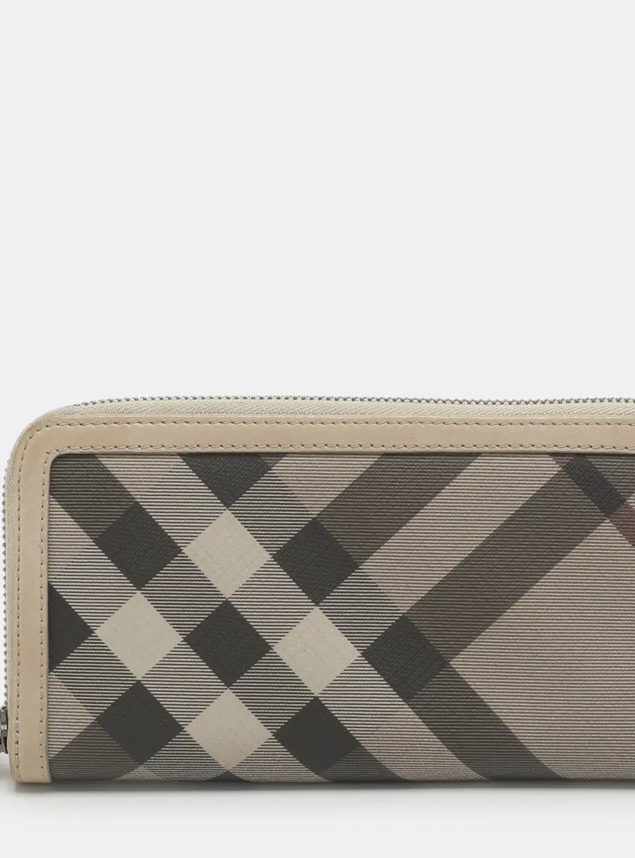 Burberry Beige Smoke Checked PVC and Leather Zip Around Wallet