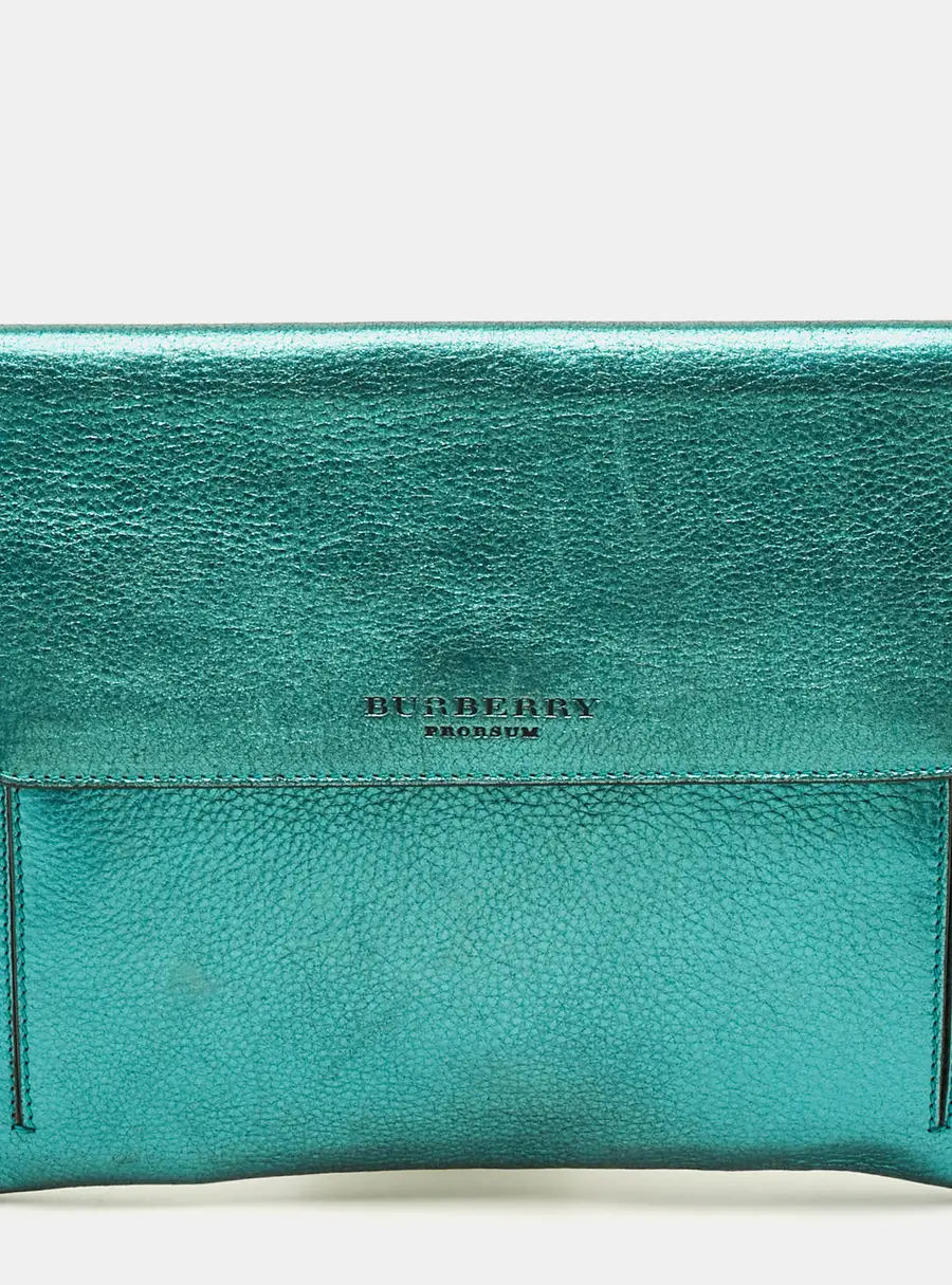 Burberry Metallic Green Leather Envelope Clutch