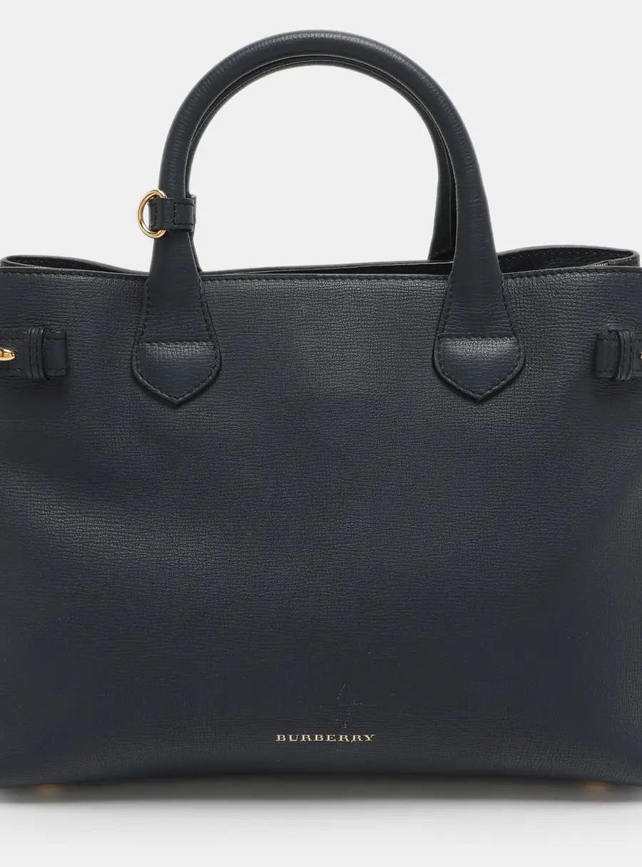 Burberry Banner Medium Navy Blue/Beige Leather and House Check Canvas Tote