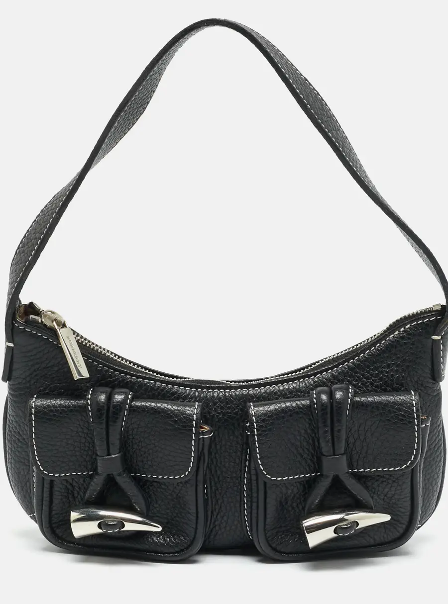Burberry Double Pocket Black Leather Shoulder Bag