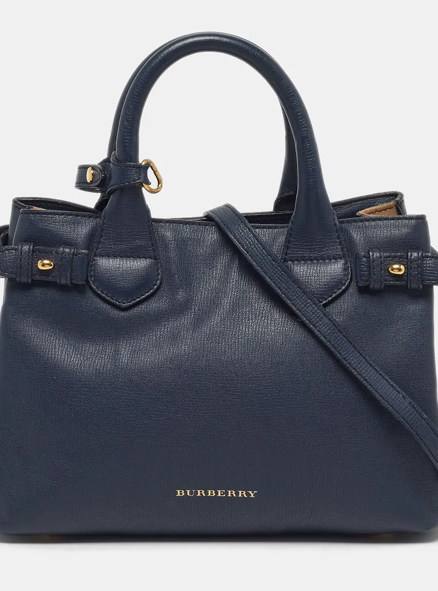 Burberry Banner Small Navy Blue/Beige House Check Fabric and Leather Tote