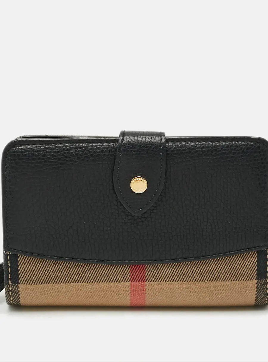 Burberry Finsbury Black/Beige House Check Canvas and Leather French Wallet