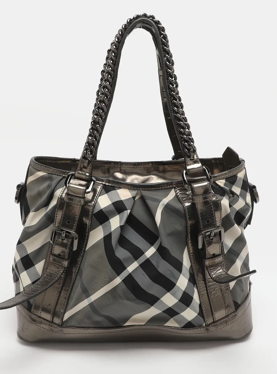 Burberry Lowry Medium Black/Grey Beat Check Nylon and Patent Leather Tote