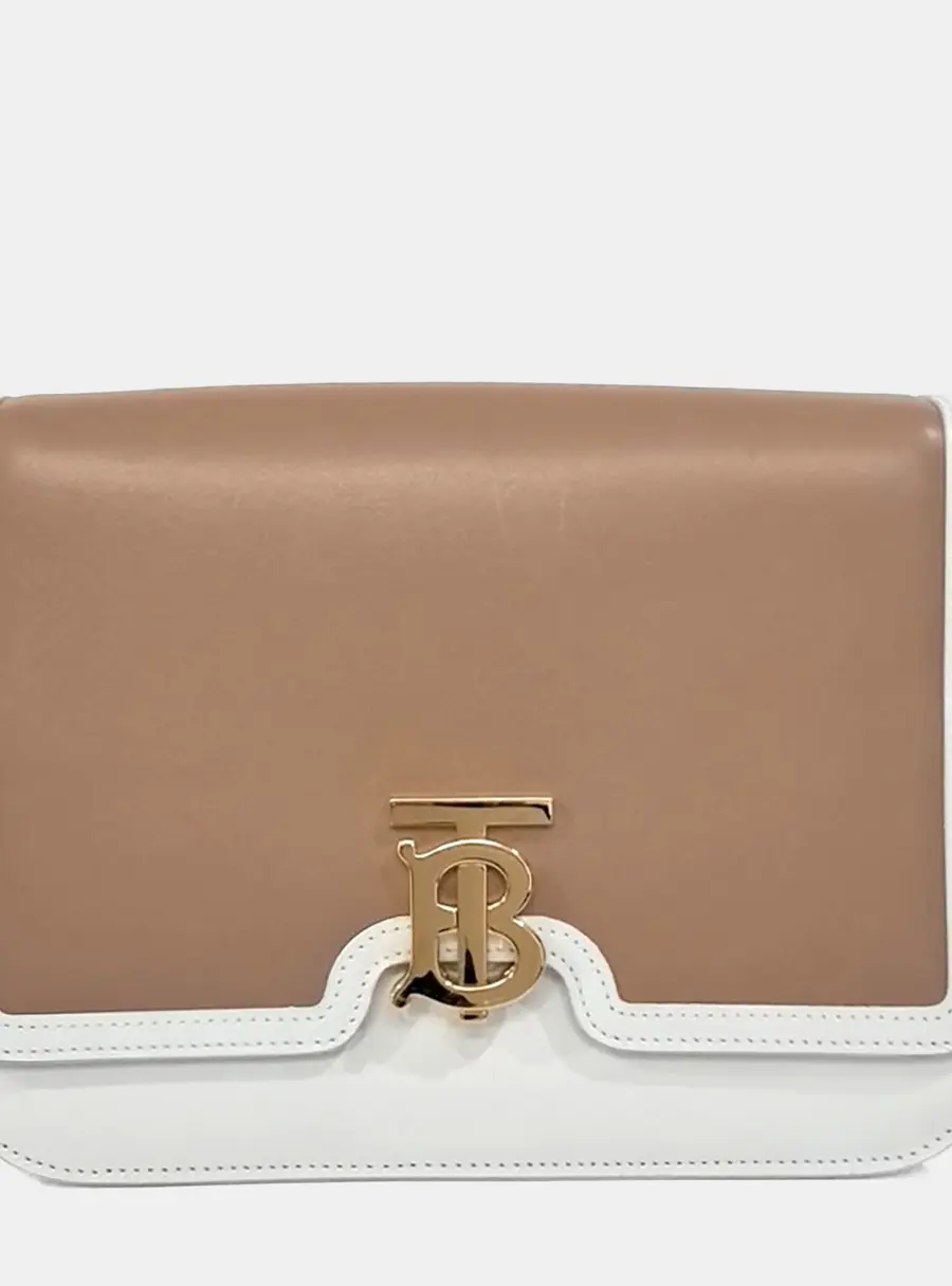 Burberry Beige/Brown Leather TB Crossbody Bag Medium