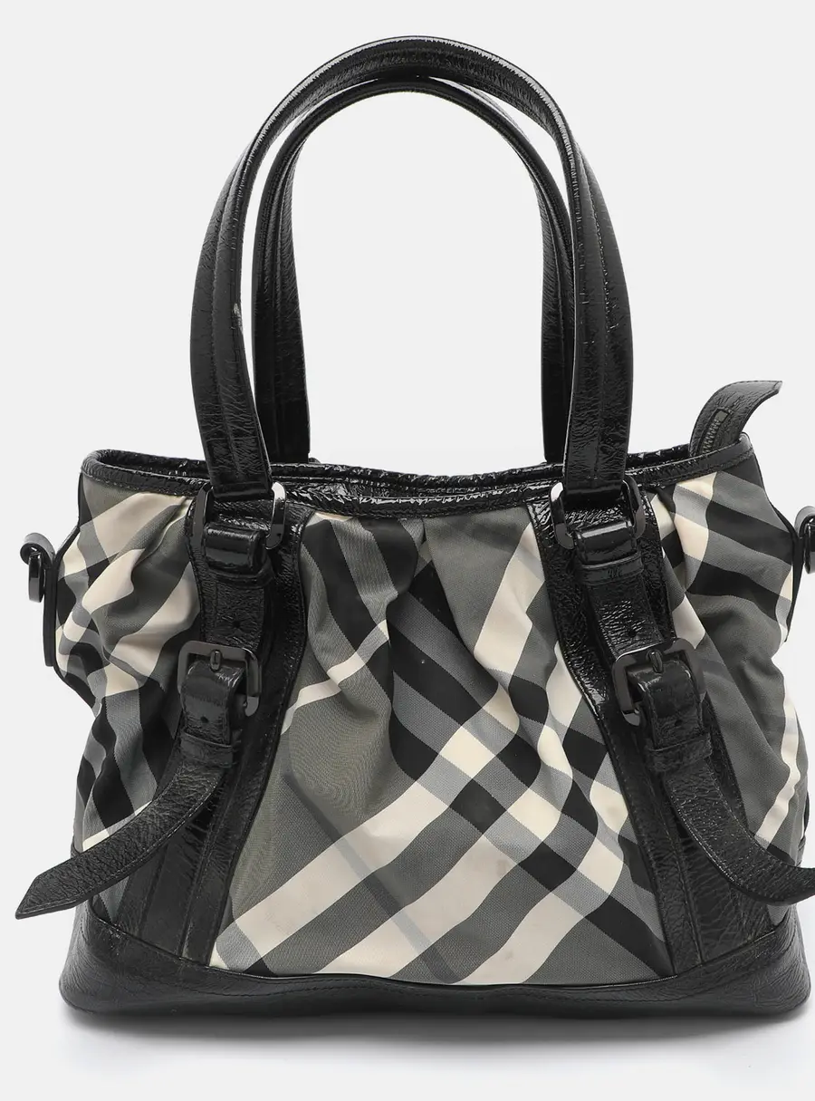 Burberry Lowry Black Beat Check Nylon and Patent Leather Tote