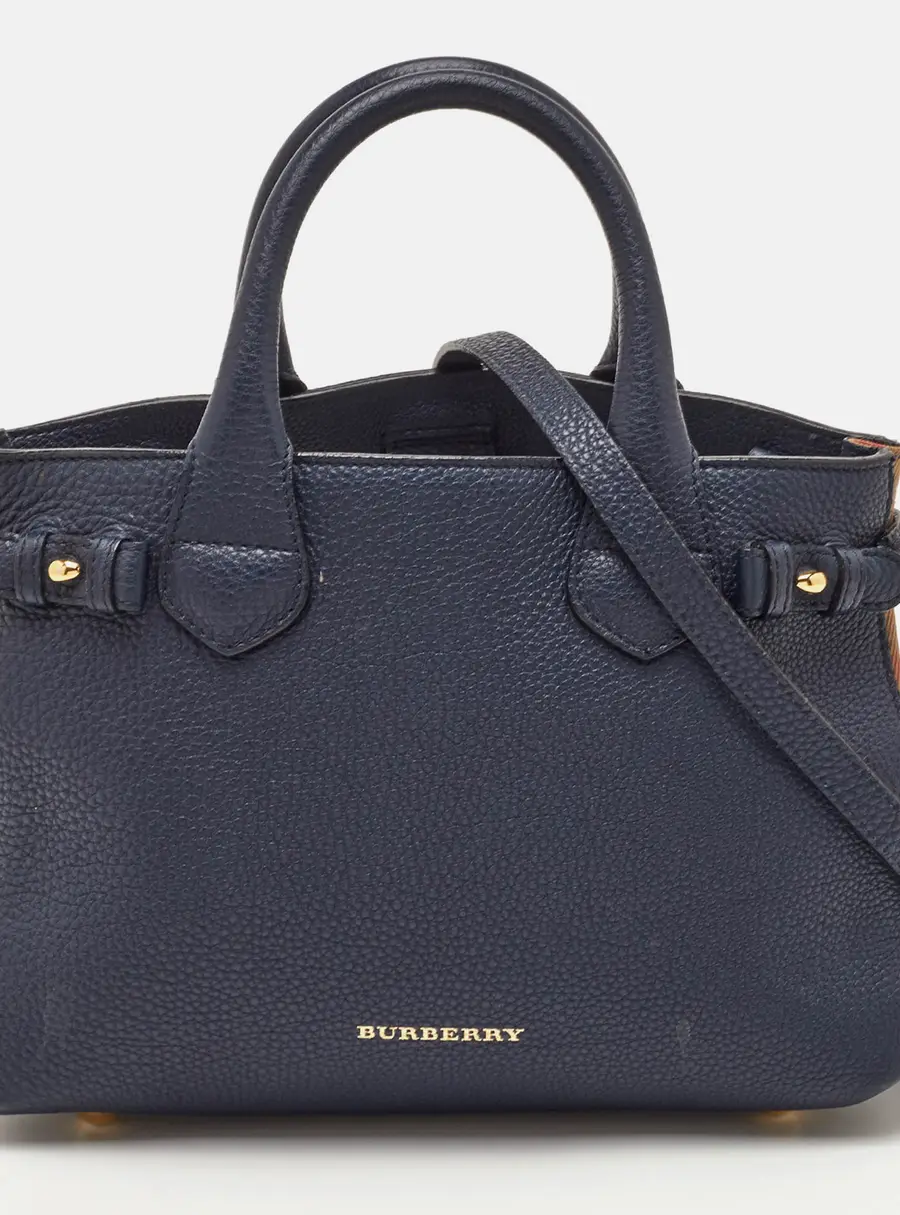 Burberry Banner Small Navy Blue/Beige Leather and House Check Canvas Tote