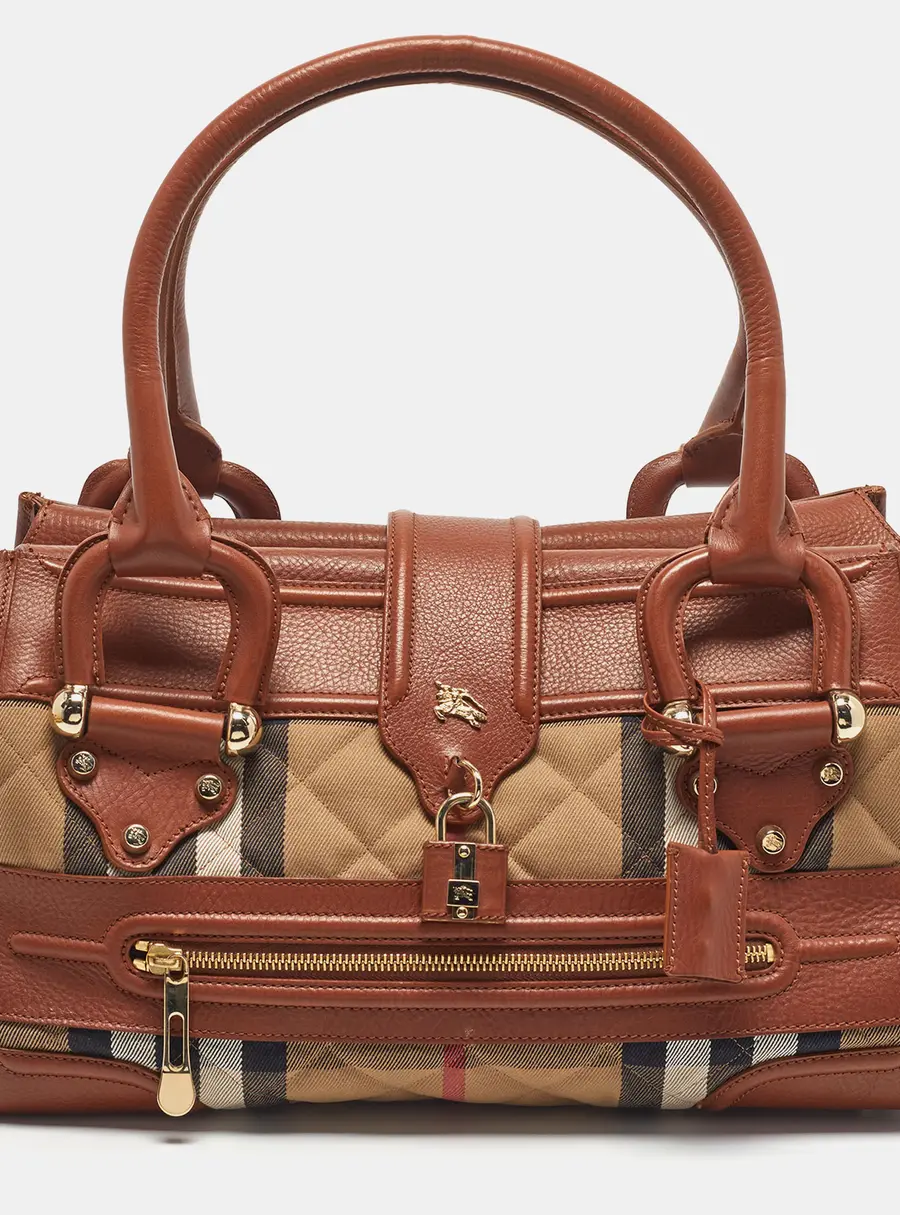 Burberry Manor Brown/Beige Quilted Nova Check Fabric and Leather Satchel