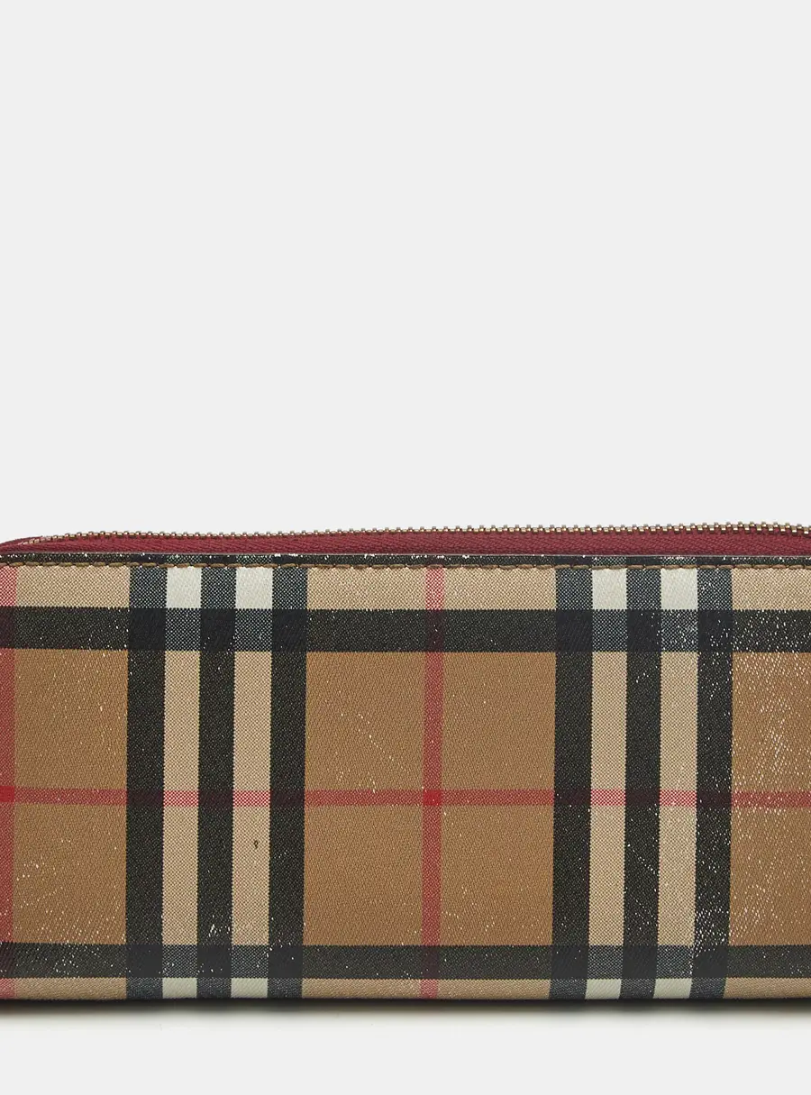 Burberry Zip Around Beige House Check Coated Canvas Continental Wallet