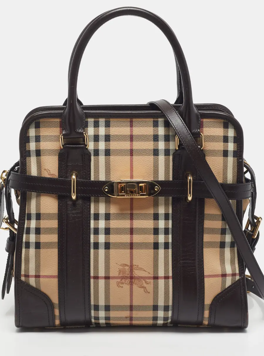 Burberry Minford Choco Brown/Beige Haymarket Check Coated Canvas and Leather Satchel