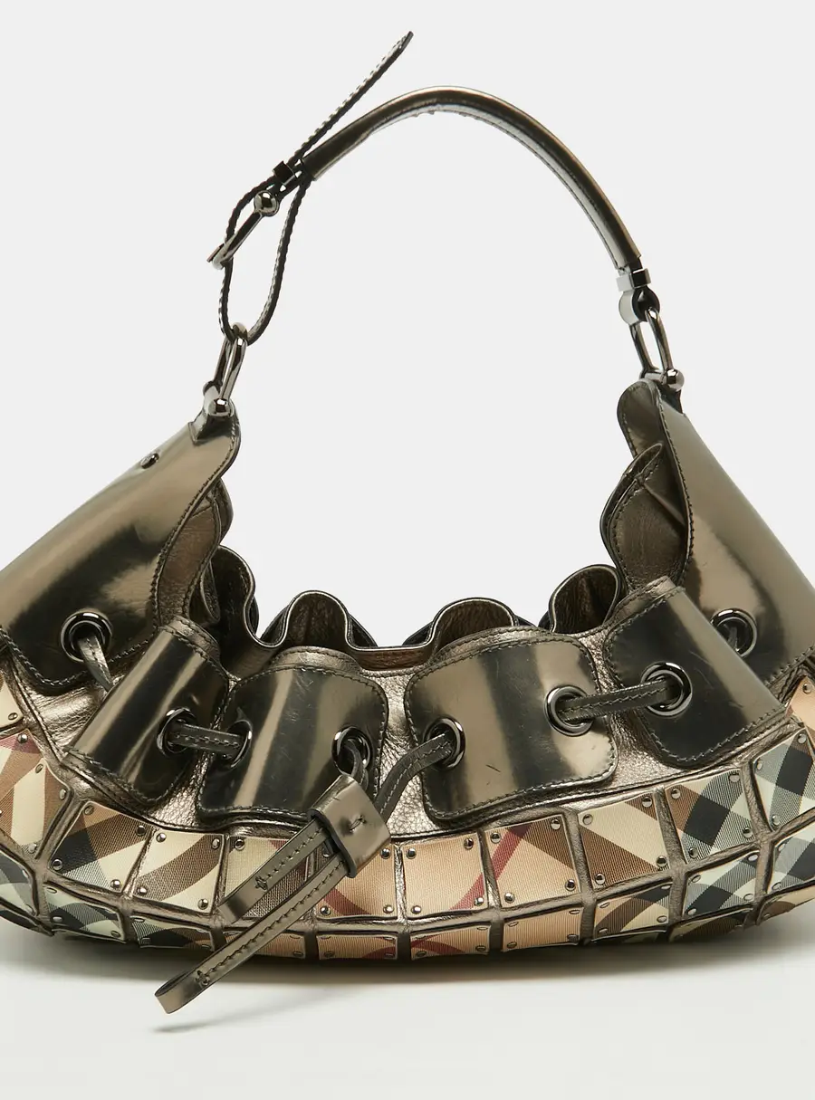 Burberry Warrior Studded Beige/Metallic Grey Super Nova Check PVC and Leather Hobo