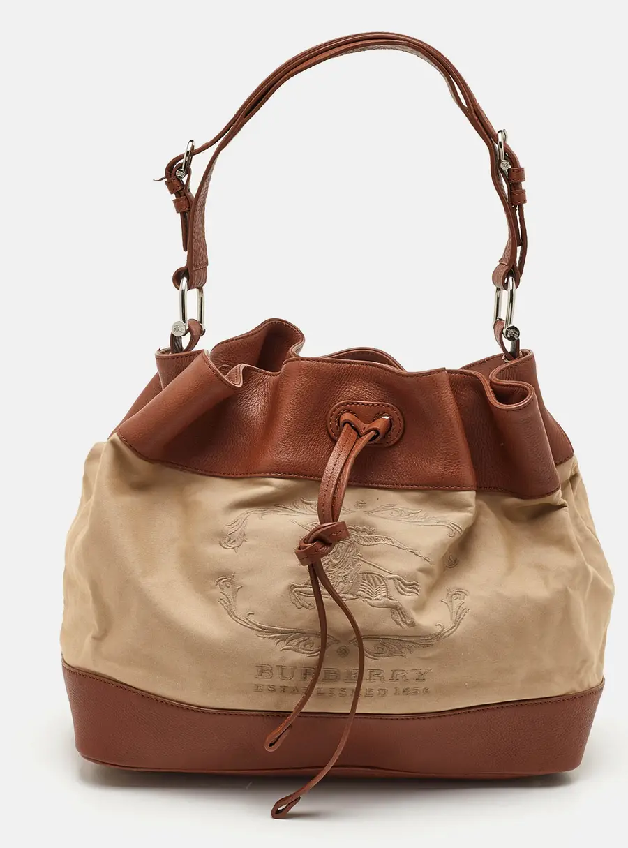 Burberry Beige/Brown Canvas and Leather Logo Drawstring Bucket Bag