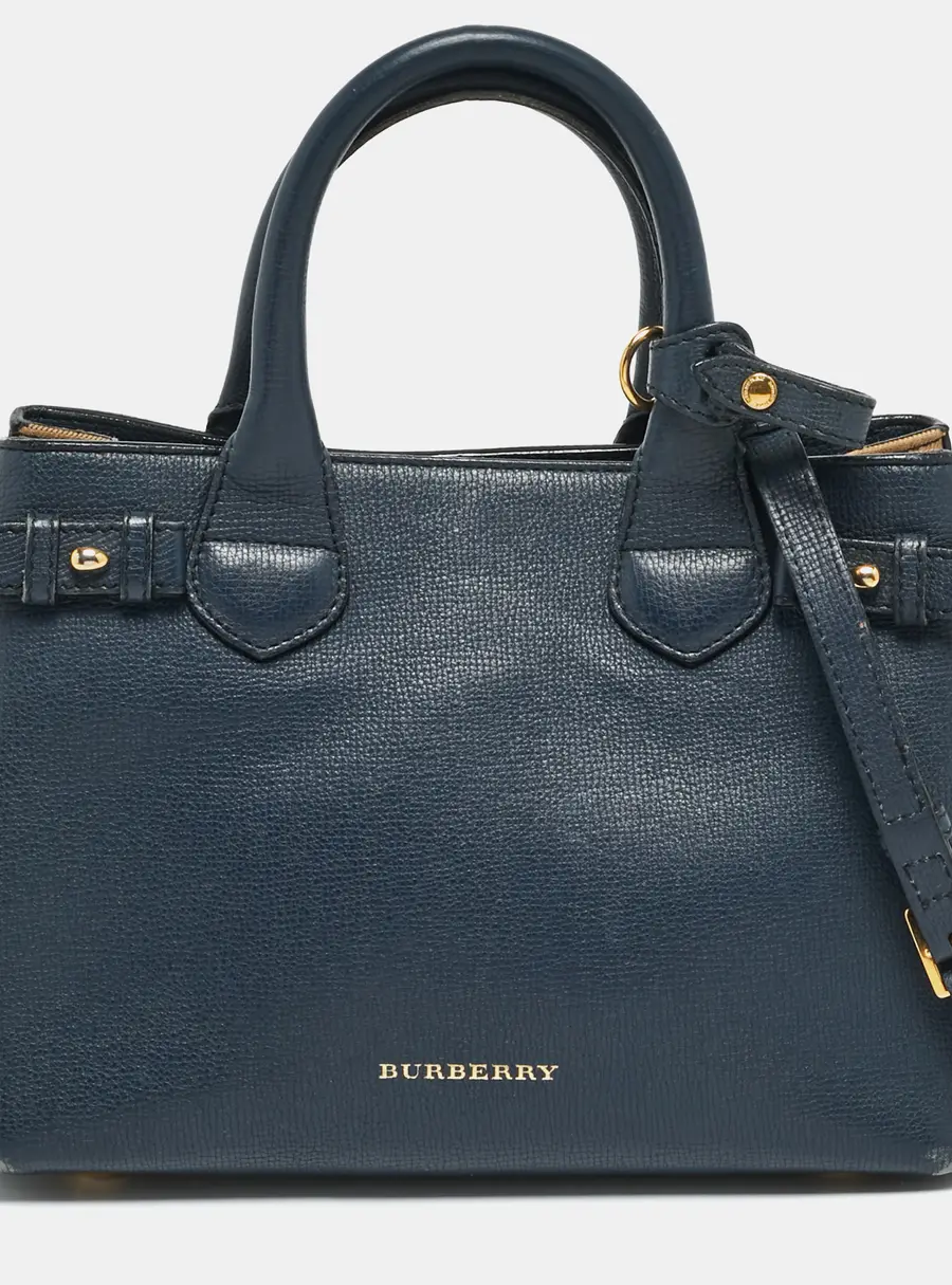 Burberry Banner Small Navy Blue/Beige House Check Fabric and Leather Tote