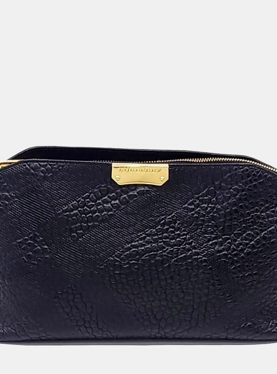 Burberry Clutch Black Embossed Leather Pouch Bag