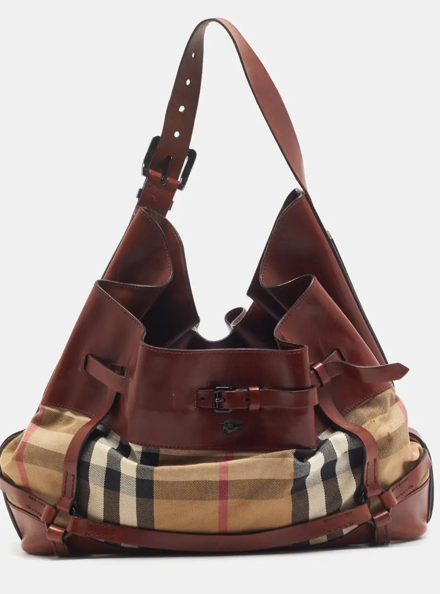 Burberry Bridle Beige/Brown House Check Canvas and Leather Hobo