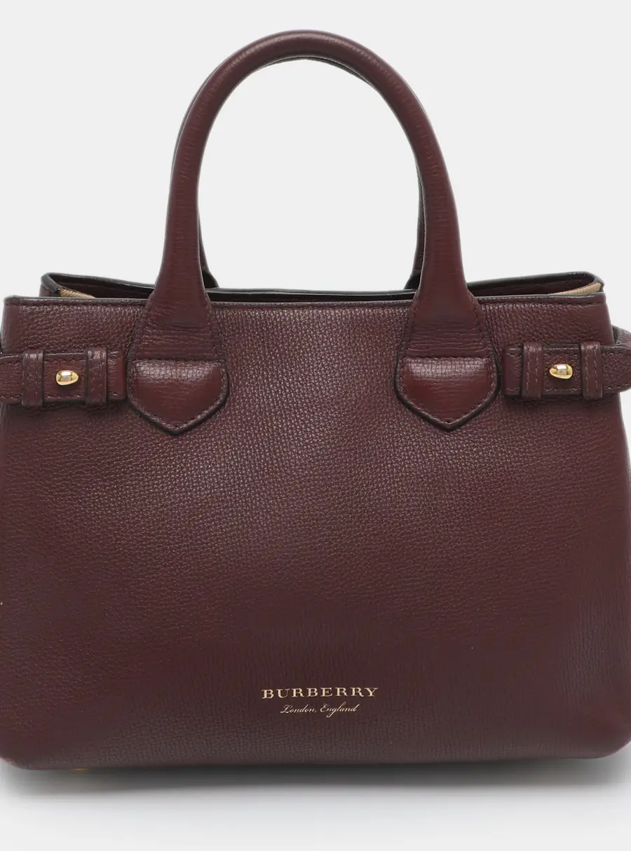 Burberry Banner Small Burgundy/Beige House Check Fabric and Leather Tote