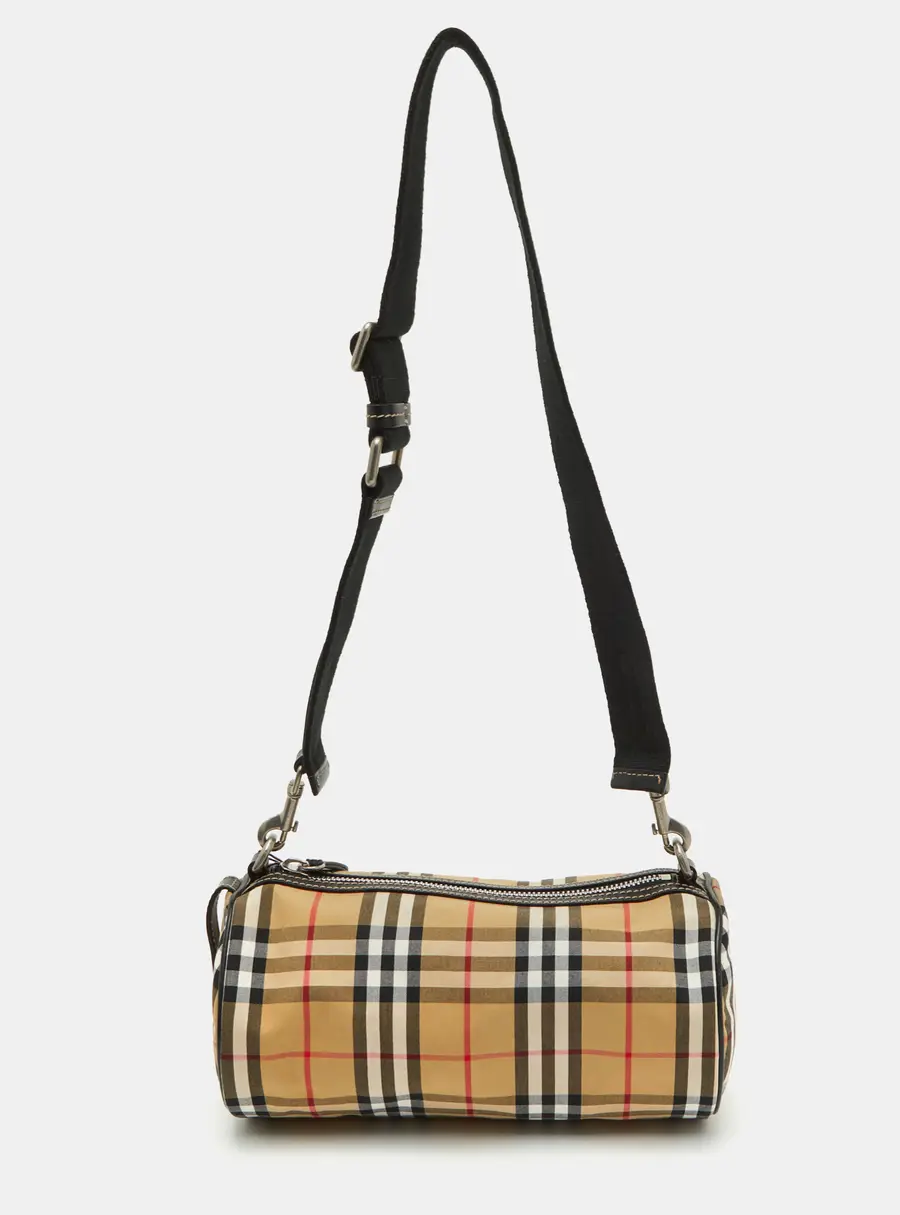 Burberry Kennedy Barrel Small Beige/Black House Check Fabric and Leather Bag