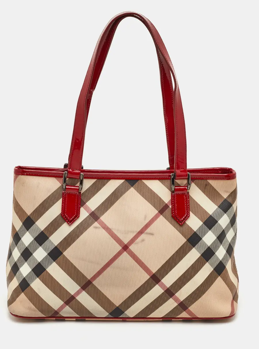 Burberry Nickie Beige/Red Supernova Check PVC and Patent Leather Tote