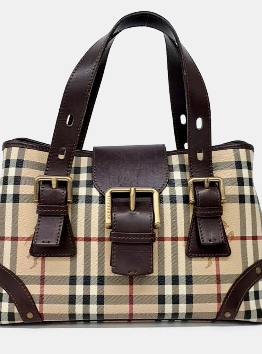 Burberry Beige Burgundy Coated Canvas and Leather Tote Bag