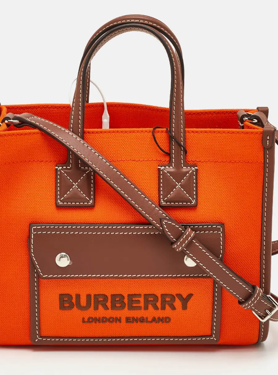 Burberry Freya Horseferry Mini Orange/Brown Canvas and Leather Tote