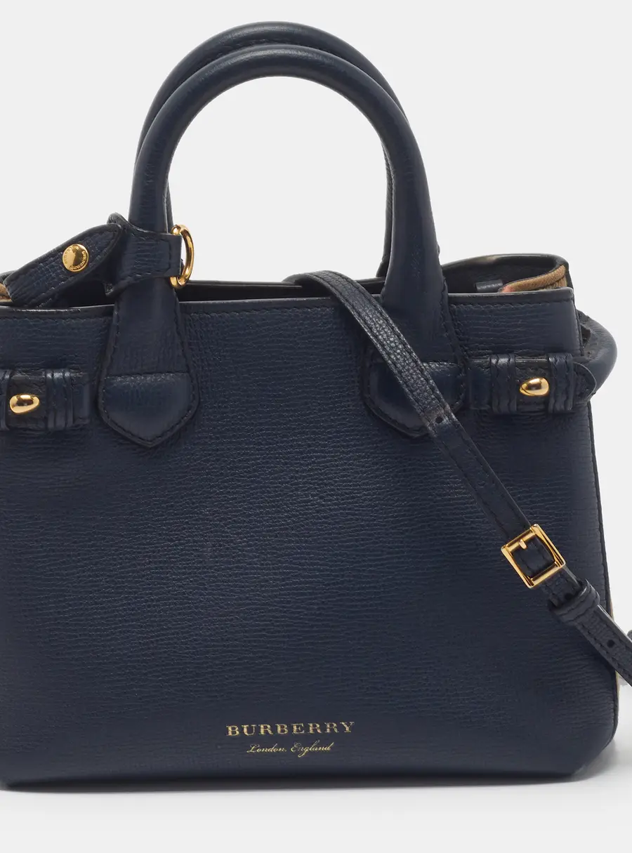 Burberry Banner Mini Navy Blue/Beige Leather and House Check Fabric Tote