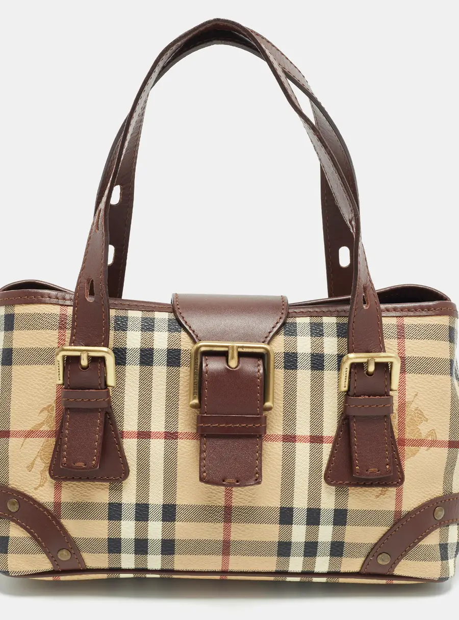 Burberry Buckle Small Brown/Beige Haymarket Check Coated Canvas and Leather Tote
