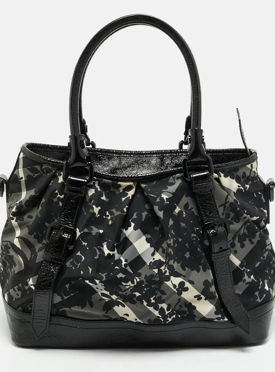 Burberry Black Floral Beat Check Nylon and Patent Leather Tote